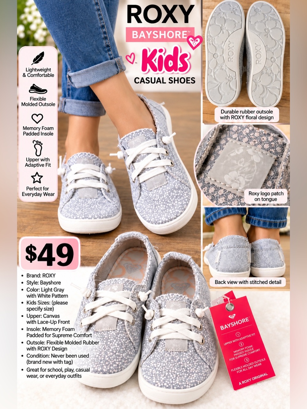 Roxy Light Gray & White Floral Kids Sneakers